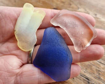 SEA GLASS TRIO | Pink Blue & U.V. Yellow | Rare Opalescent | Scottish Sea Glass | Jewelry Supplies (12168)