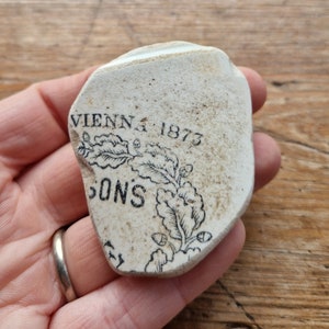 Puede incluir: Primer plano de un trozo de cerámica blanca roto con tinta negra. El texto dice "VIENNA 1873 SONS" y presenta un diseño floral.