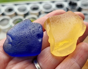 HUGE SEAGLASS PAIR | Yellow & Blue Chunks | Sea Glass Shard | Rare | Scottish Sea Glass | Jewelry Supplies (12138)