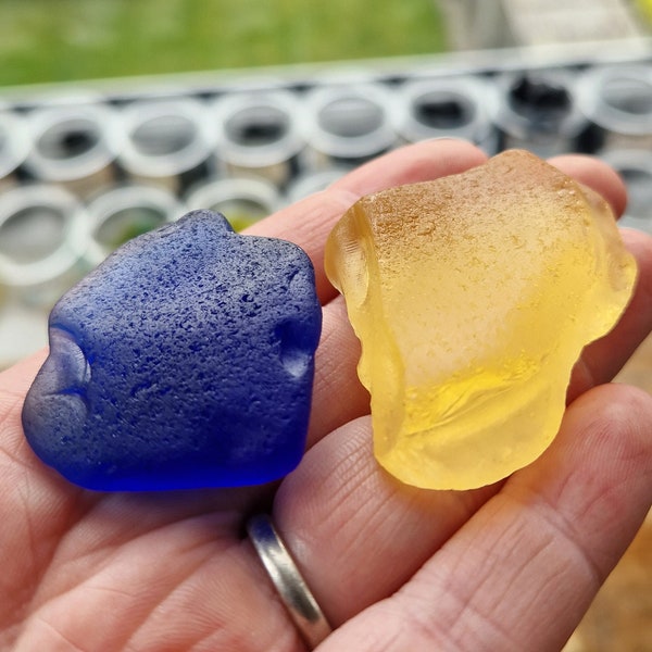 HUGE SEAGLASS PAIR | Yellow & Blue Chunks | Sea Glass Shard | Rare | Scottish Sea Glass | Jewelry Supplies (12138)