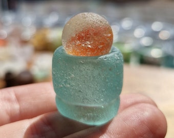 MARBLE STACK | Orange Sea Marble | Sea Foam Bottle Neck Base | Scottish Sea Glass | Collector's Item (11767)