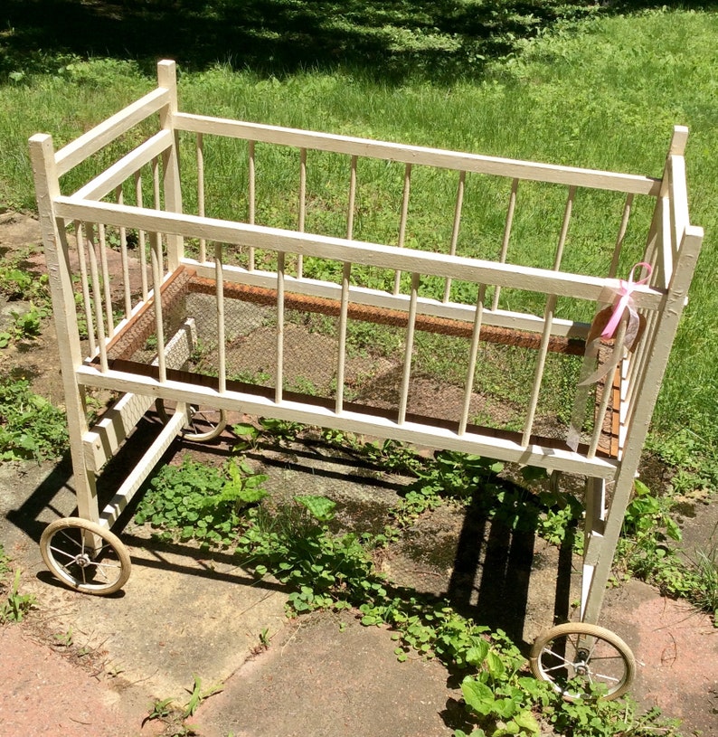 Vintage Baby Rolling Crib Shabby Chippy White Wood On Etsy