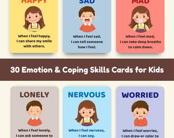 May include: A set of 30 emotion and coping skills cards for kids featuring colorful illustrations of children expressing feelings like happy, sad, mad, lonely, nervous, and worried, each with a short descriptive sentence about managing that specific emotion.