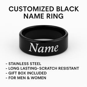 Customized Black Name Ring – Stainless Steel Ring- Engraved Band, Personalized Gift for Him & Her, Elegant Black Band with Gift Box