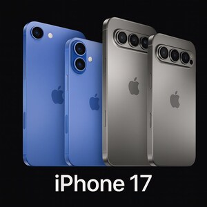 May include: A collection of smartphones in blue and gray, featuring multiple camera lenses and the Apple logo. The text "iPhone 17" is displayed in white at the bottom of the image, suggesting a new model.