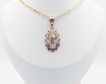Gold Plated Virgen de Guadalupe Necklace, figaro chain,oro laminado