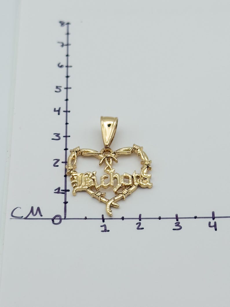 May include: A gold-coloured pendant in the shape of a heart, with the word "Richote" in stylised lettering. The heart is framed by a barbed wire design. The pendant measures approximately 2.5 cm in width.