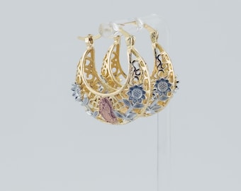 Virgen de Guadalupe Hoop Earrings, 14K Gold Plated Floral Design