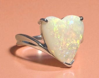 Heart Shaped Australian Coober Pedy Natural Opal Stirling Silver Ring