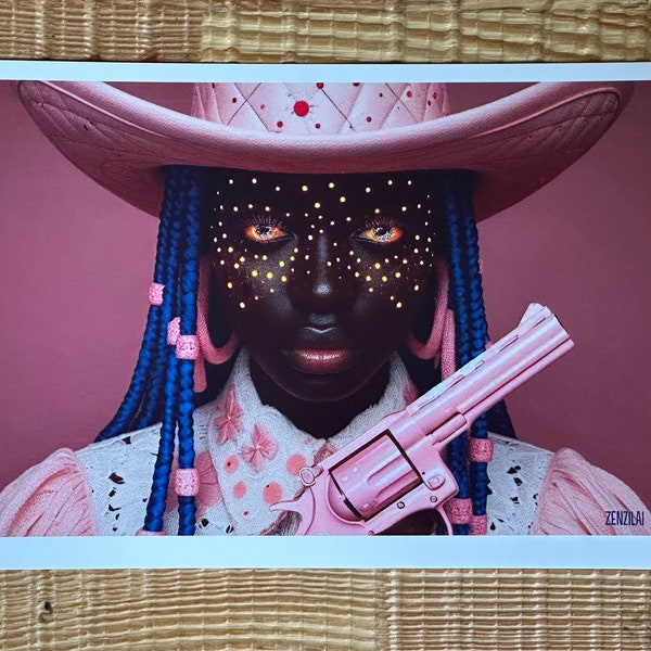 Afro Future Cowgirl 5x7 Postcard Print: "Pink Gun"