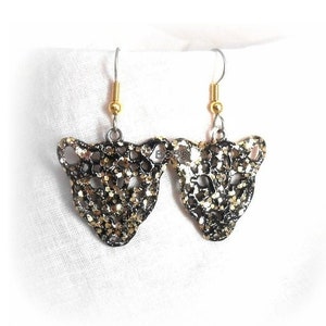 Black/Gold Glitter | Panther Charm Earrings : Steel Earwires • Enamel • Filigree/Sparkle Design. Gift Boxed