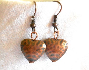 Antiqued Copper Heart Earrings Hammered Antiqued Dangle Drop Puff Heart USA