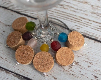 Cork Wine Charms with Recycled Glass Beads in Multi-Colors