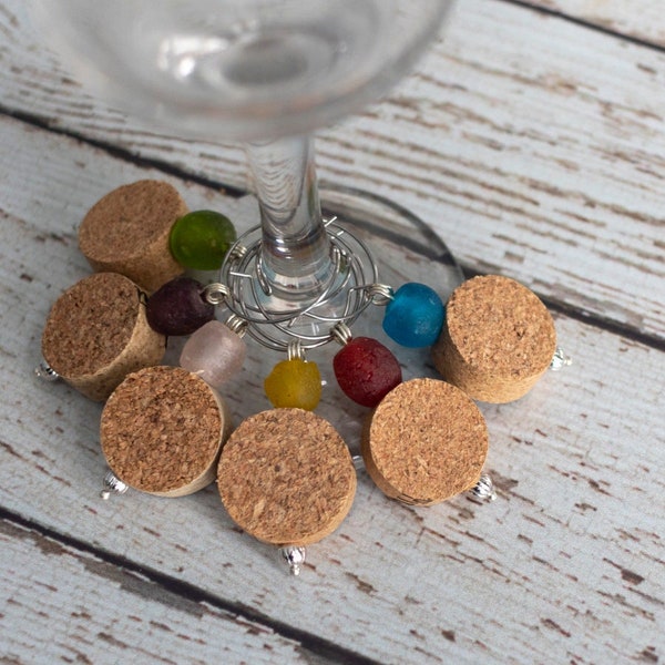 Cork Wine Charms with Recycled Glass Beads in Multi-Colors