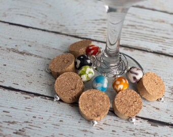 Cork & Recycled Glass Wine Charms - Set of 6 Multi-Colored