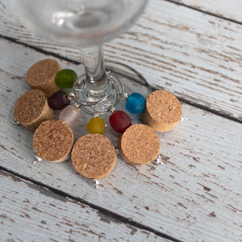 Cork Wine Charms with Recycled Glass Beads in Multi-Colors image 1