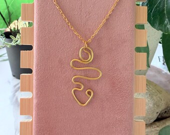 Handmade Gold Wire Swirl Pendant Necklace, Abstract Boho Statement Jewelry