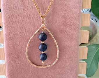 Handmade Lapis Lazuli Teardrop Pendant Necklace, Upcycled Gold-Tone Boho Jewelry