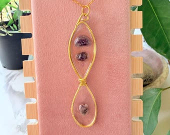 Handmade Amethyst Resin Necklace, Gold Wire Crystal Pendant, One of a Kind Boho Gemstone Jewelry