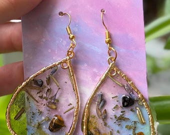 Tigers Eye Protection Crystal botanical earrings
