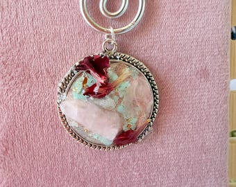 Rose Quartz Real Rose Petal Resin Pendant Necklace, Wire Wrapped Botanical Statement Jewelry