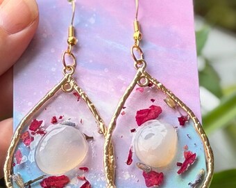 Rose Quartz & Rose Petal botanical earrings