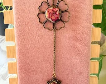 Handmade Resin Floral Necklace, Red Abalone Shell Pendant, Antique Brass Botanical Jewelry