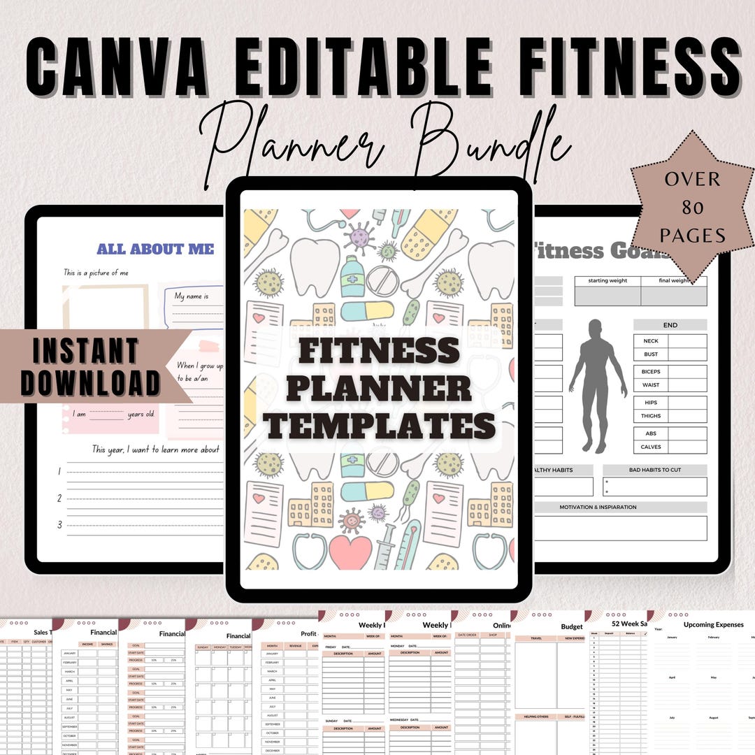 Canva Editable Fitness Planner Bundle Workout & Wellness Tracker, Meal ...