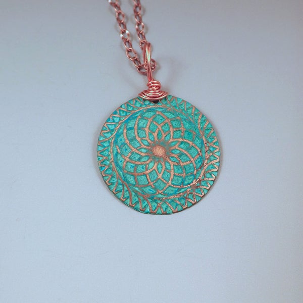 Copper Disc Necklace- Circle of Life- Verdigris Aqua Patina