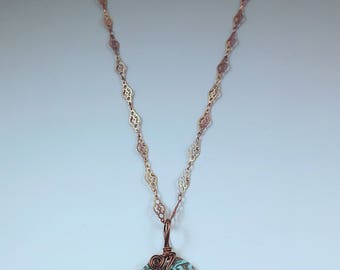 Bronze Floral Texture Disc Necklace- Turquoise and Gold with Smoky Patina