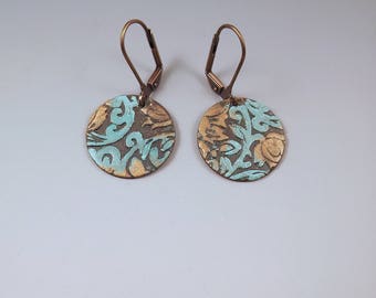 Bronze Floral Texture Disc Earrings- Turquoise and Gold with Smoky Patina Earrings