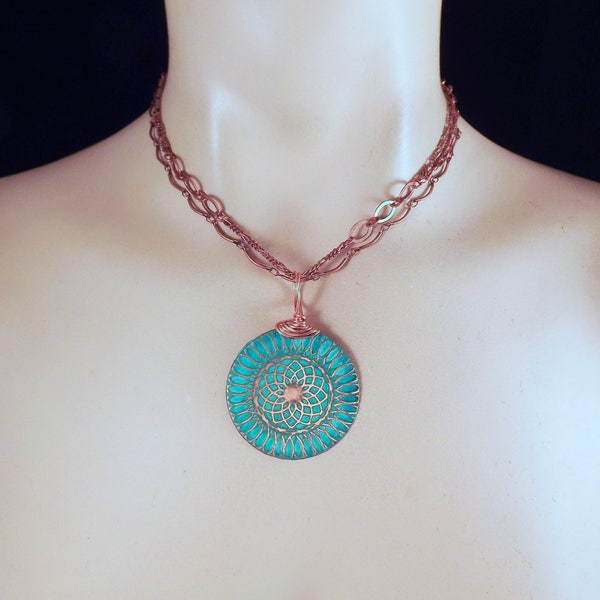 Copper Disc Necklace- Circle of Life- Verdigris Aqua Patina- Statement Necklace- Adjustable Length- Larger Size- Double Copper Chains