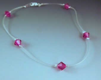 Crystal Ankle Bracelet or Bracelet- Floating Bead- Illusion Jewelry- Anklet- Crystal Bracelet- Fushia- Waterproof - All Sizes- 5" to 13"