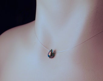 Emerald Aurora Borealis- May Birthstone- Crystal Teardrop Invisible Illusion Necklace- Prom Jewelry- Invisible Necklace