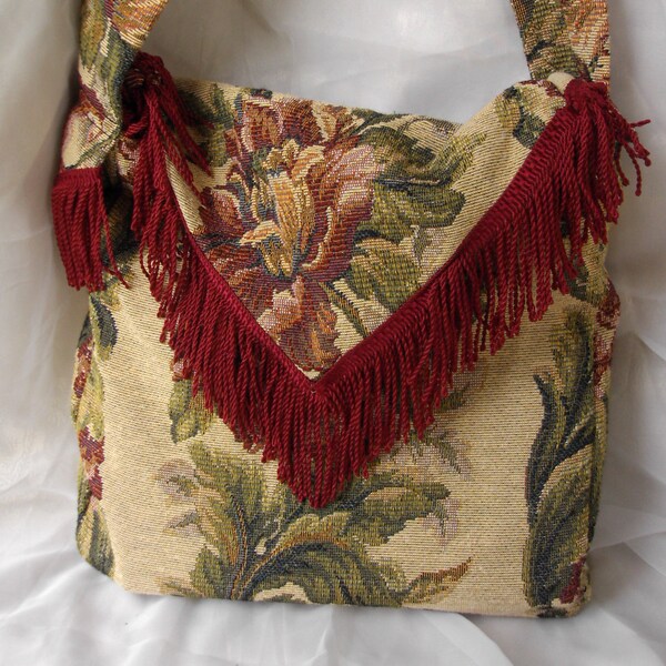 Messenger Bag - Recycled Table Runner - Red Fringe - Floral Tapestry - Roses - Book and Laptop Bag