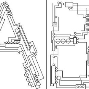 May include: Black and white line art illustration of the letters A, B, and C. Each letter is made up of a series of connected lines and circles.