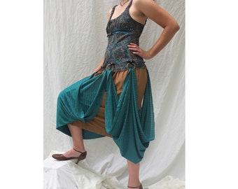 Vestido Swoop Turquesa - Moda Reciclada - Azul-petróleo e Marrom - Art Nouveau - Vestido Gatsby - Vestido de Noite