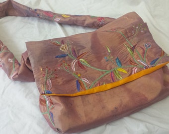 Messenger Bag - Hand Embroidered Silk - Recycled Table Runner - Book and Laptop Bag - Student Gift