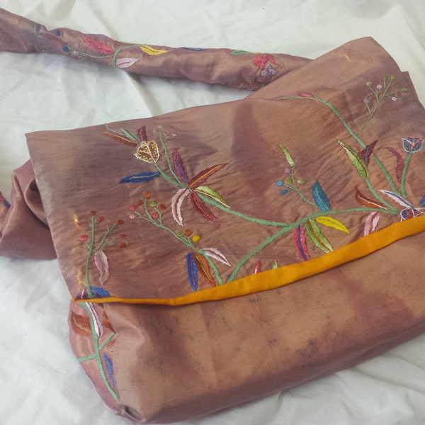 Messenger Bag - Hand Embroidered Silk - Recycled Table Runner - Book and Laptop Bag - Student Gift