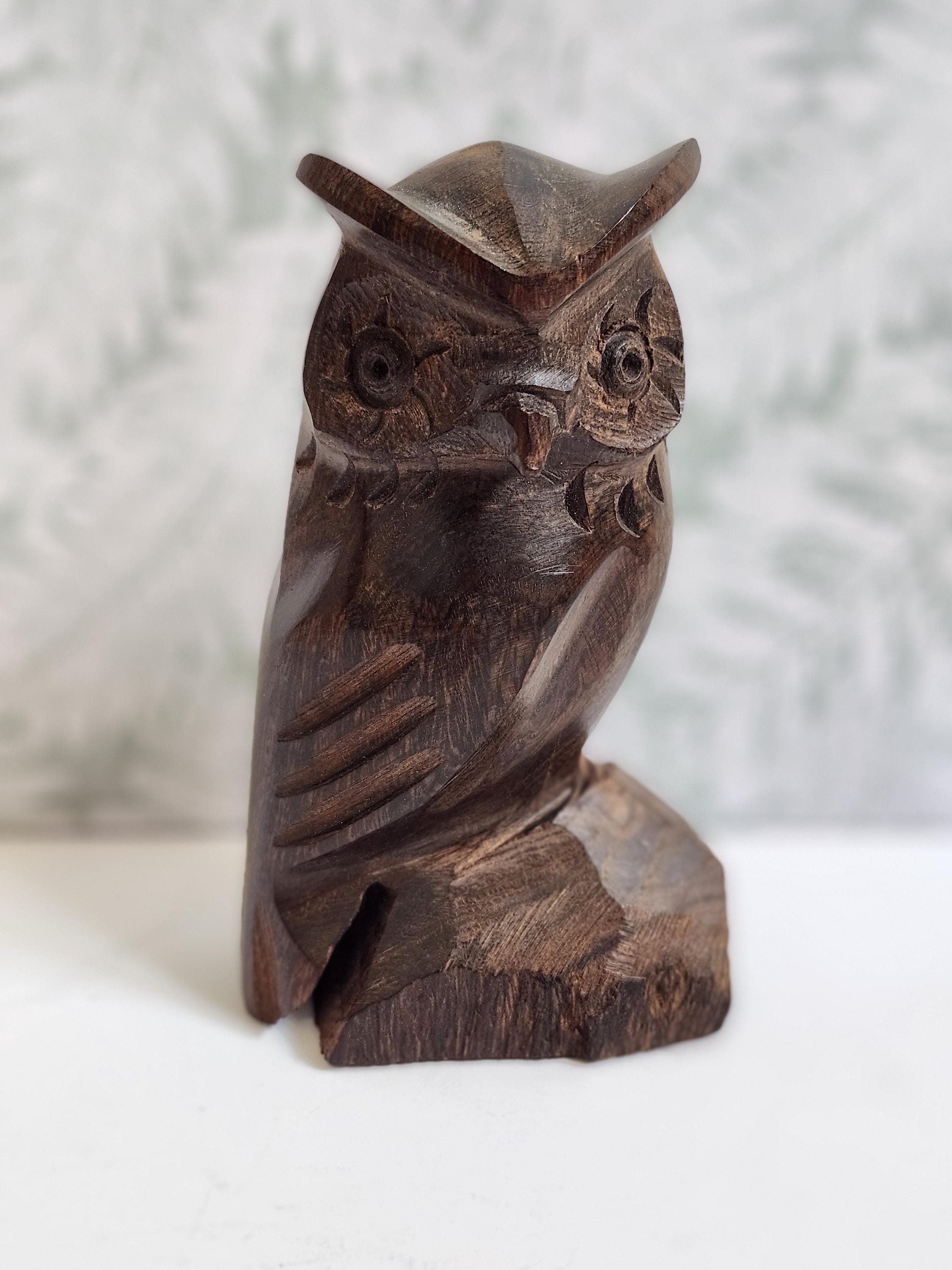 Hand-Carved Mid-Century (4 in) Ironwood Owl Vintage Home Decor and Bookshelf Decor