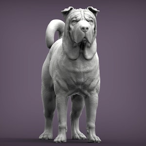 Könnte beinhalten: Graustufen-Skulptur eines Shar Pei-Hundes. Der Hund steht und blickt den Betrachter an. Der Hund hat ein ausgeprägtes faltiges Gesicht und eine eingerollte Rute. Die Skulptur hat eine strukturierte Oberfläche.