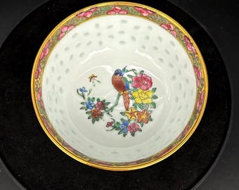 Cuenco vintage chino oriental Famille Rose con diseño floral de pájaros y granos de arroz, 4,5" x 2,25"