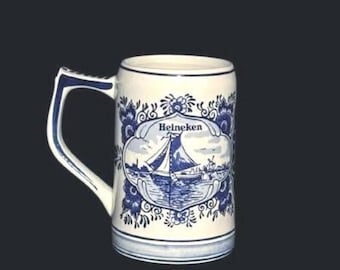 Vintage 1971 Delftware Holland Heineken Blue White Beer Stein Mug Breweriana