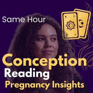 May include: A woman with curly brown hair is holding tarot cards. The text on the image reads "Same Hour Conception Reading Pregnancy Insights".
