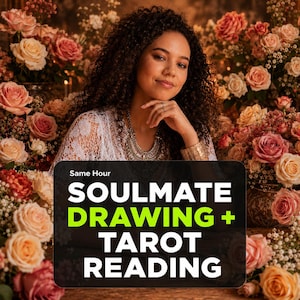 Può includere: Una donna con i capelli ricci e un top di pizzo bianco è presentata davanti a uno sfondo floreale. Uno striscione nero in basso recita "Same Hour SOULMATE DRAWING + TAROT READING" in testo bianco e verde. Rose nei toni del rosa e del pesca circondano il soggetto.