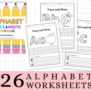 Op de afbeelding: Een set werkbladen voor het traceren en schrijven van het alfabet. De omslag heeft een kleurrijk ontwerp met potloden en de tekst "ALPHABET TRACE & WRITE workbook". Afzonderlijke pagina's tonen letters met illustraties.