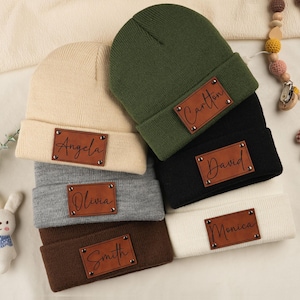 Custom Baby Beanie,Newborn Baby Beanie Hat,Leather Patch Beanies for Baby,Unisex baby hats for baby,Infant Beanie with Name,Baby Shower Gift