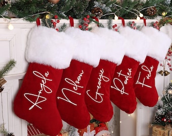 Personalized Red Plush Christmas Stocking, Custom Name Holiday Decor