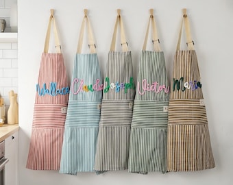 Embroidered Name Linen Apron, Striped Kitchen Gift