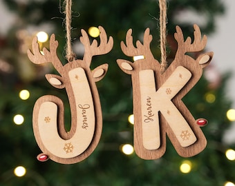 Engraved Reindeer Letter Ornaments, Personalized Christmas Stocking Name Tags, Initial Ornament, Keepsake ornaments